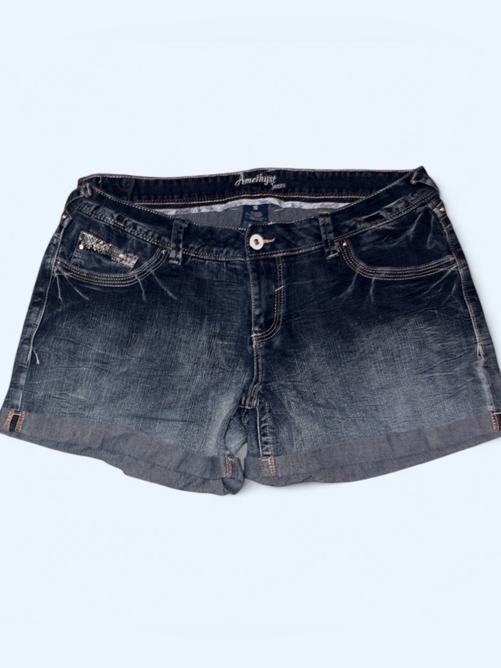 Amethyst Jeans Dark Wash Rhinestone Cuffed Denim Shorts - Size 16
